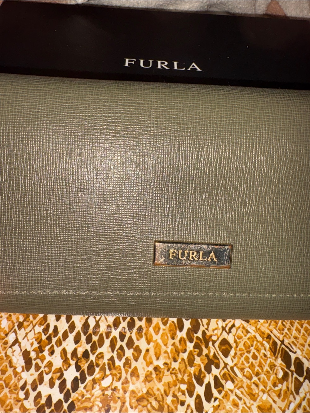 Furla Olive Textured Leather Wallet with Gold Logo Plaque